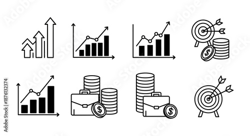 Business growth and financial success depicted through various monochrome icons and graphs on a clean white background illustrating upward trends and target hits