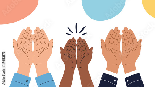 Three pairs of human hands with various skin tones held in a gesture of prayer or gratitude against a white background with shapes.