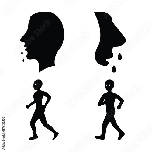 Illustrative icons depicting a runny nose, drooling mouth, and active human figures