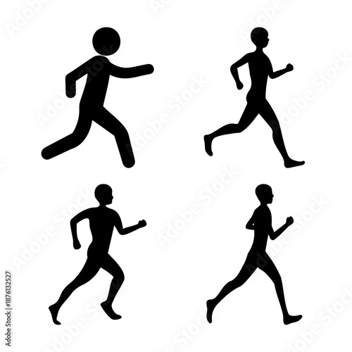 Diverse collection of running man silhouettes depicting various dynamic postures for fitness and sport