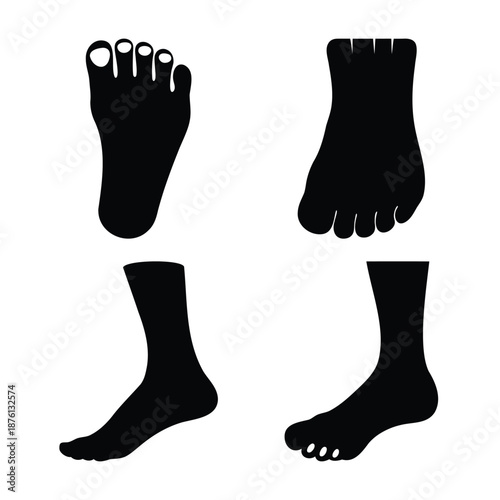 Various views of human feet and lower leg silhouettes, including bare and sock-clad