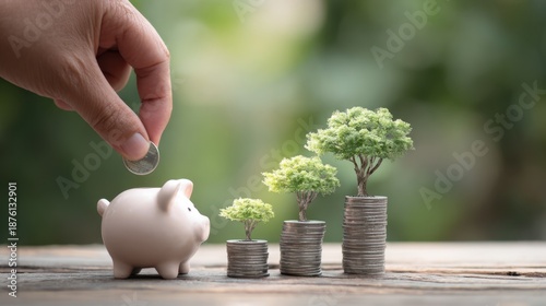 Invest in Growth: A person hand places a coin in a ceramic piggy bank, symbolizing the planting of seeds for future prosperity alongside growing plant, capturing the essence of financial investment.