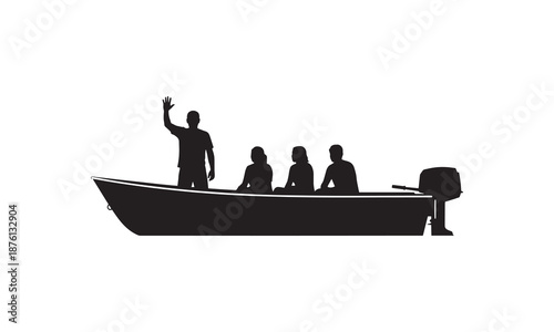 Black silhouette of four people in a motorboat, one person standing and waving, symbolizing a friendly farewell or greeting during a water excursion.