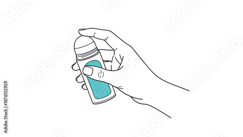 Minimalist line art illustration of a hand holding a roll-on deodorant bottle with a blue label for personal hygiene and care.