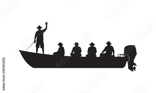 Silhouette of five people on a motorboat, one person waving a flag, enjoying a scenic boat trip on the water, representing exploration and a sense of adventure.