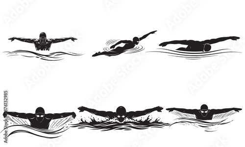 Dynamic set of six detailed black and white vector illustrations showcasing swimmers performing the butterfly stroke with powerful movements and splashing water, emphasizing athleticism and grace.