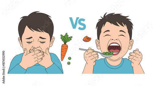 Child psychology concept showing a boy refusing to eat a carrot versus a happy child enjoying a spoonful of green peas for lunch.