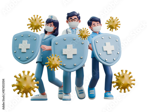 3D Doctors with Shields Fighting Against Virus Cells