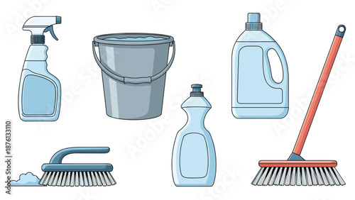 Collection of essential cleaning supplies including a spray bottle, bucket, scrub brush, broom, and liquid detergents on white.