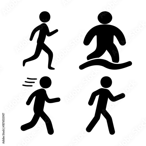 Set of black silhouette icons depicting various human movements including running, walking, and wading