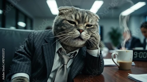 Cat in Suit at Office Desk Bored Business Meeting with Coffee Cup and Humorous Scene
