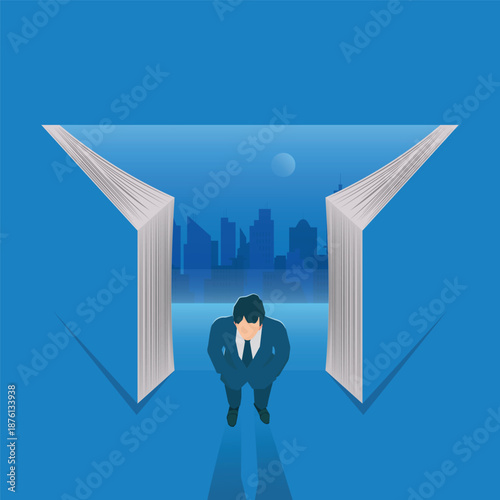 A vector illustration of a businessman standing out from between two open books