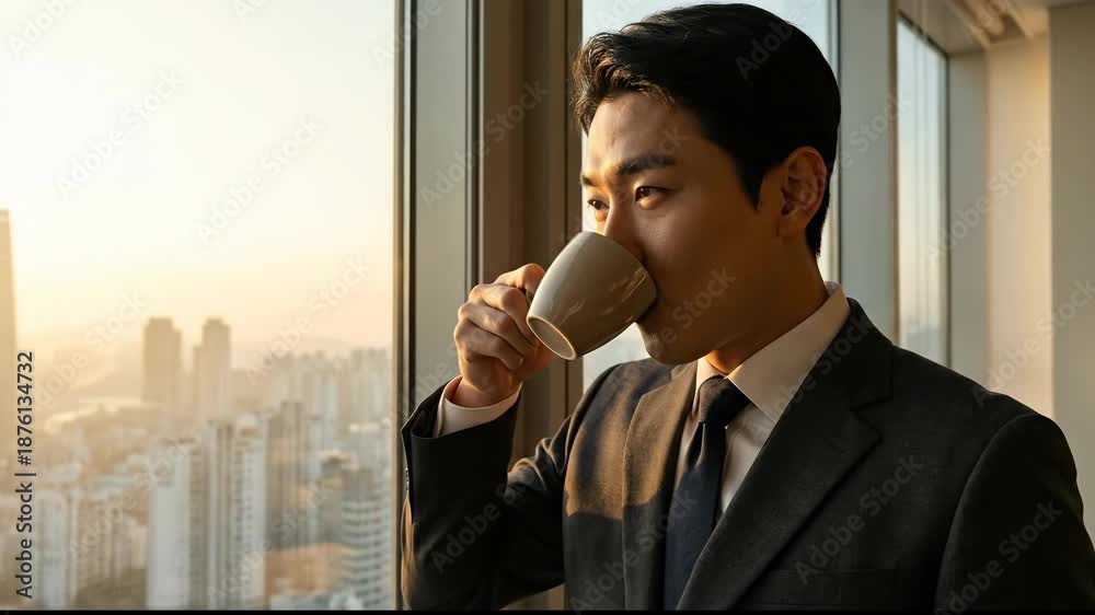 custom made wallpaper toronto digitalBusinessman in Suit Enjoys Morning Coffee by Window with Cityscape View, Bathed in Sunlight, Creating Serene and Contemplative Office Mood