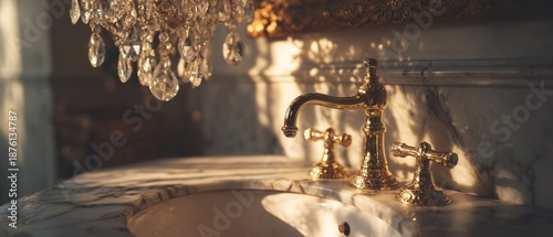 Elegant golden bathroom sink with chandelier