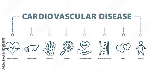 cardiovascular disease banner concept with icon of heart disease, liver disease, psoriasis, disease, cardiovascular, atherosclerosis, heart, human,
