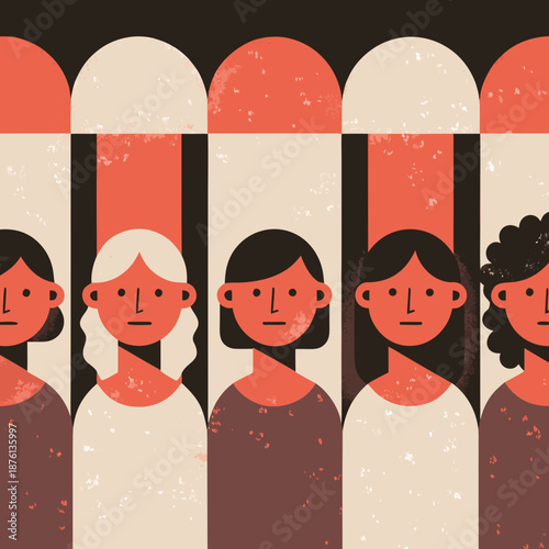 Diverse group of women standing together in a stylized illustration