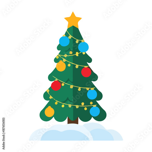 Decorated Christmas Tree Icon Flat Vector Illustration Standing in Snow