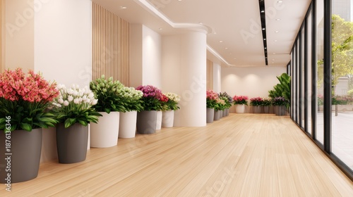 Bright modern indoor corridor with wooden flooring, row of potted plants along left, and glass walls on right