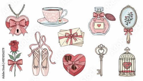 Romantic Vintage Objects Collection Heart Rose Ballet Shoes Perfume.