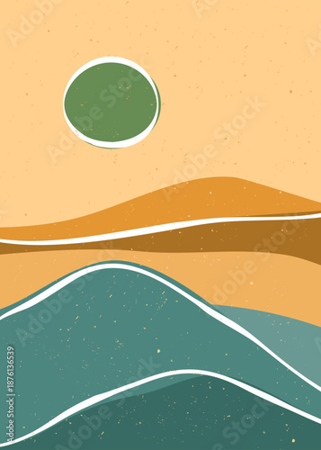 set of creative minimalist hand painted illustrations of Mid century modern. Natural abstract landscape background. mountain, sky, sun and river