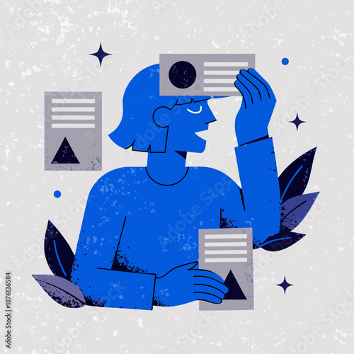 A person holding a camera and papers surrounded by leaves and stars