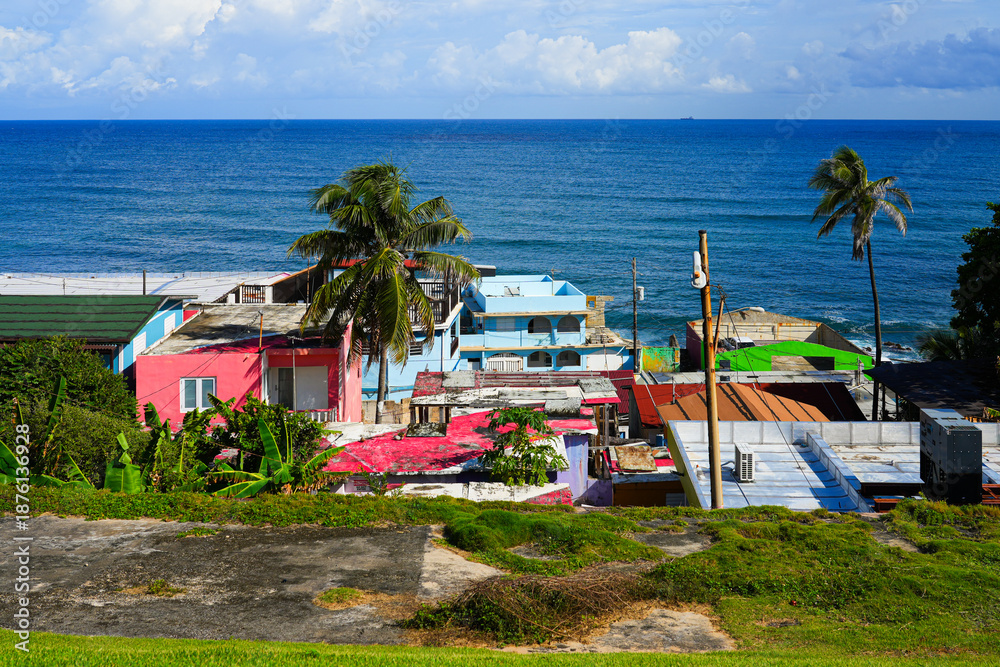 Fototapeta premium Rooftops of La Perla neighborhood in San Juan, the capital city of Puerto Rico in the Caribbean