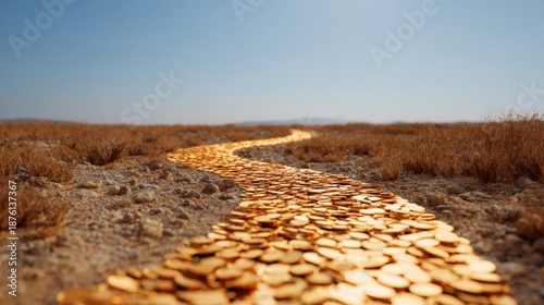 Golden Road to Success: A winding path paved with gleaming golden coins stretches toward the horizon under a clear blue sky, symbolizing the journey towards financial prosperity and achievement.