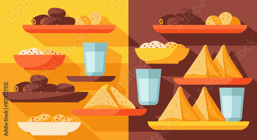 A vibrant flat design illustration showcases a variety of traditional snacks and refreshing drinks, including dates, samosas, and sweets, arranged neatly on shelves.