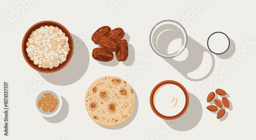 A visually appealing overhead display features a selection of wholesome breakfast ingredients, including oats, dates, almonds, and fresh water, ideal for a nutritious start.