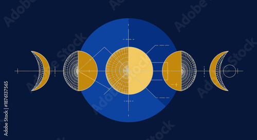 An elegant graphic illustration showcasing the moon's beautiful cyclical phases, from crescent to full, with intricate geometric patterns and celestial symbolism.