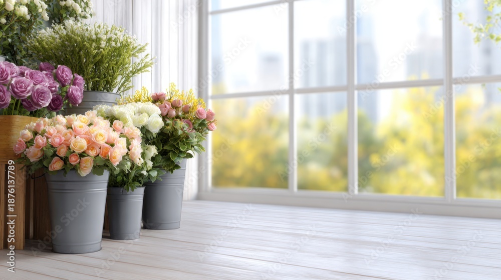 Fototapeta premium Bright sunlit room with white-framed windows, a row of pastel flowers in metal pots on a wooden floor. Morning