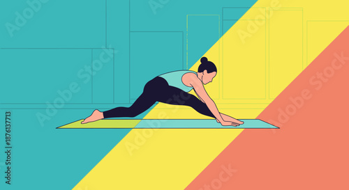 An illustration of a woman performing a dynamic yoga split stretch on a mat, demonstrating flexibility and healthy lifestyle against a vibrant, geometric background.