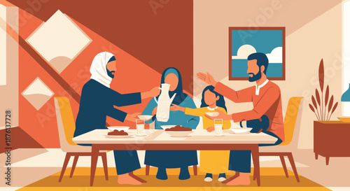 A multi-generational Muslim family, including parents, child, and an elder, gathers around a dining table to share a traditional meal in a warm, inviting home setting.