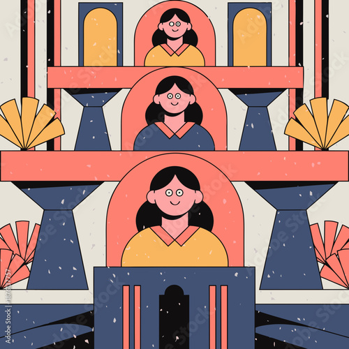 Three women standing on different levels of an architectural structure with arches and decorative elements