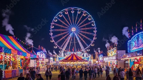 Illuminated Ferris Wheel Dominates a Busy Nighttime County Fair