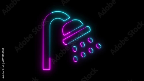 Glowing neon shower icon isolated on black background. flat, glass, glow, glowing, gradient, head, home. Glowing neon shower icon animation. lowing neon water shower icon isolated.