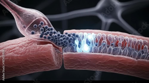 Detailed 3D Illustration of Synapse Neurotransmitter Release, Synaptic Vesicles, and Receptors in Complex Neural Communication and Neuron Connection