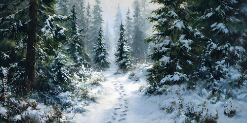 Tranquil snowy path winding through a pine forest, showcasing footprints leading into a serene winter scene with soft light filtering through the trees. Nature concept