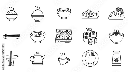 Japanese cuisine and restaurant line icon set with traditional meal elements like steamed rice, miso soup, grilled fish, bento box, and chopsticks in a simple vector illustration