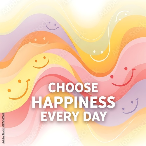 Choose Happiness Every Day on a Cheerful Abstract Wavy Background with Smileys