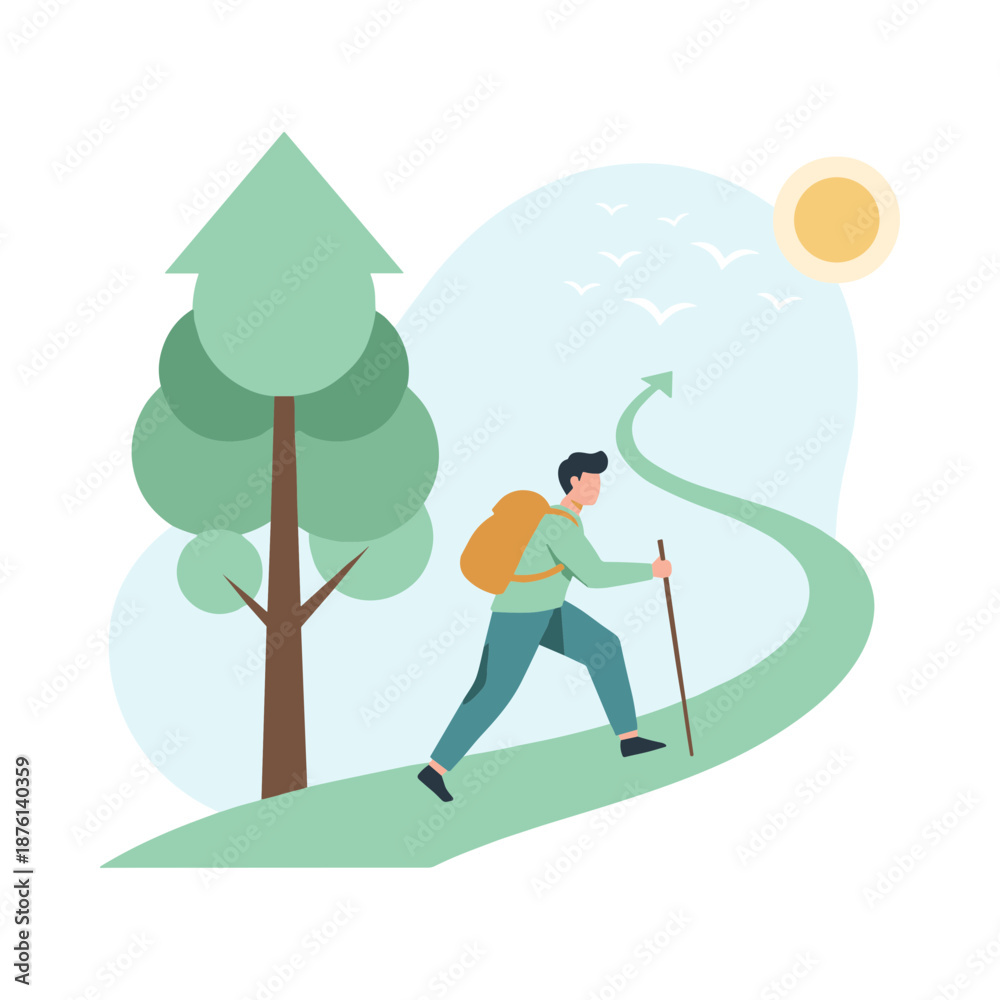 Fototapeta premium Career Growth and Personal Journey Concept with Hiker Illustration