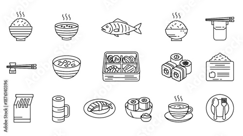 Japanese cuisine and restaurant line icon set with traditional meal elements like steamed rice, miso soup, grilled fish, bento box, and chopsticks in a simple vector illustration