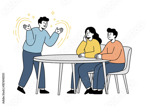 Man telling interesting story to friends at table illustration