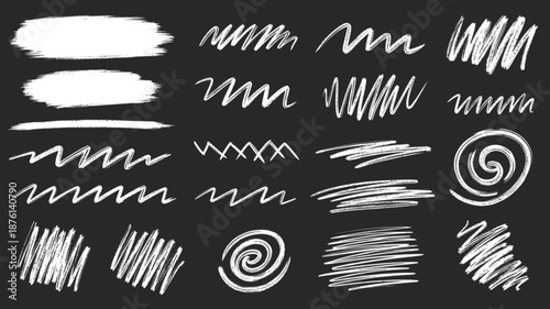 Hand drawn chalk and charcoal marks. Rough strokes and scribbles with grunge pastel pencil texture. White underline doodles and sketchy brush bar elements