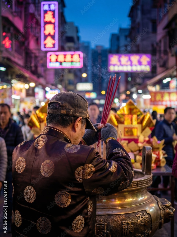 Obraz premium Neon Prayer at Asian Temple Market with Incense Offering