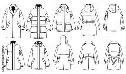 Technical Outerwear Vector Set of Jackets and Coats for Men, Women, and Unisex with CAD Mockup