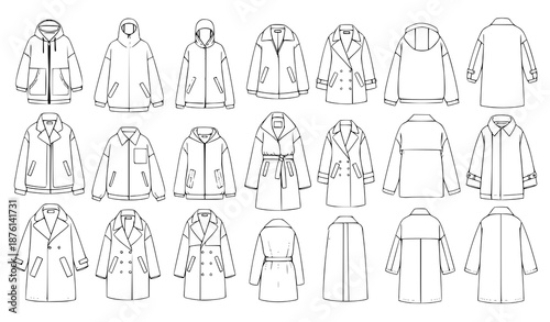 Professional Outerwear Vector Set of Jackets and Coats with Front and Back CAD Fashion Templates