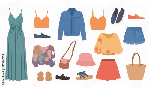 Women’s Casual Wardrobe Vector Set with Summer Outfits, Shoes, Bags and Vacation Clothing Illustrations