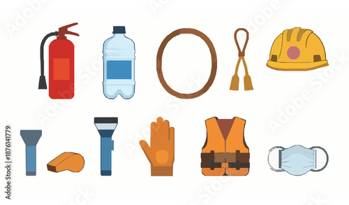 Essential Disaster Prevention Goods Vector Icon Set for Safety, Emergency Preparedness, and Rescue