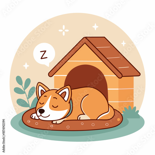 A dog sleeping peacefully outside its doghouse on a sunny day